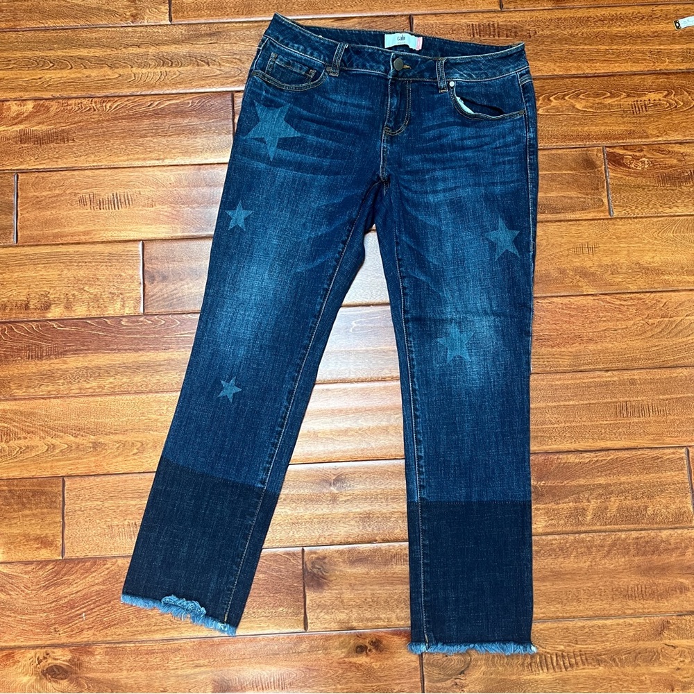 Cabi Slim Boyfriend Style 3937 Star Print Colorblock Frayed Hem Mid Rise Jeans 8